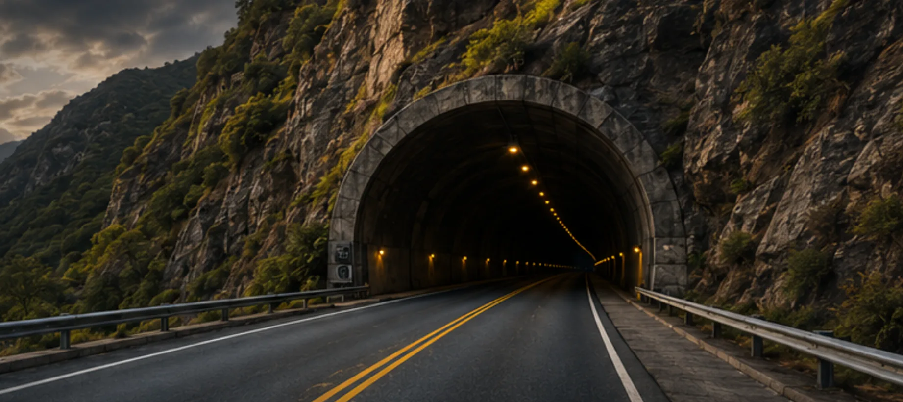 Carretera de montaña que conduce al acceso de un túnel vehicular